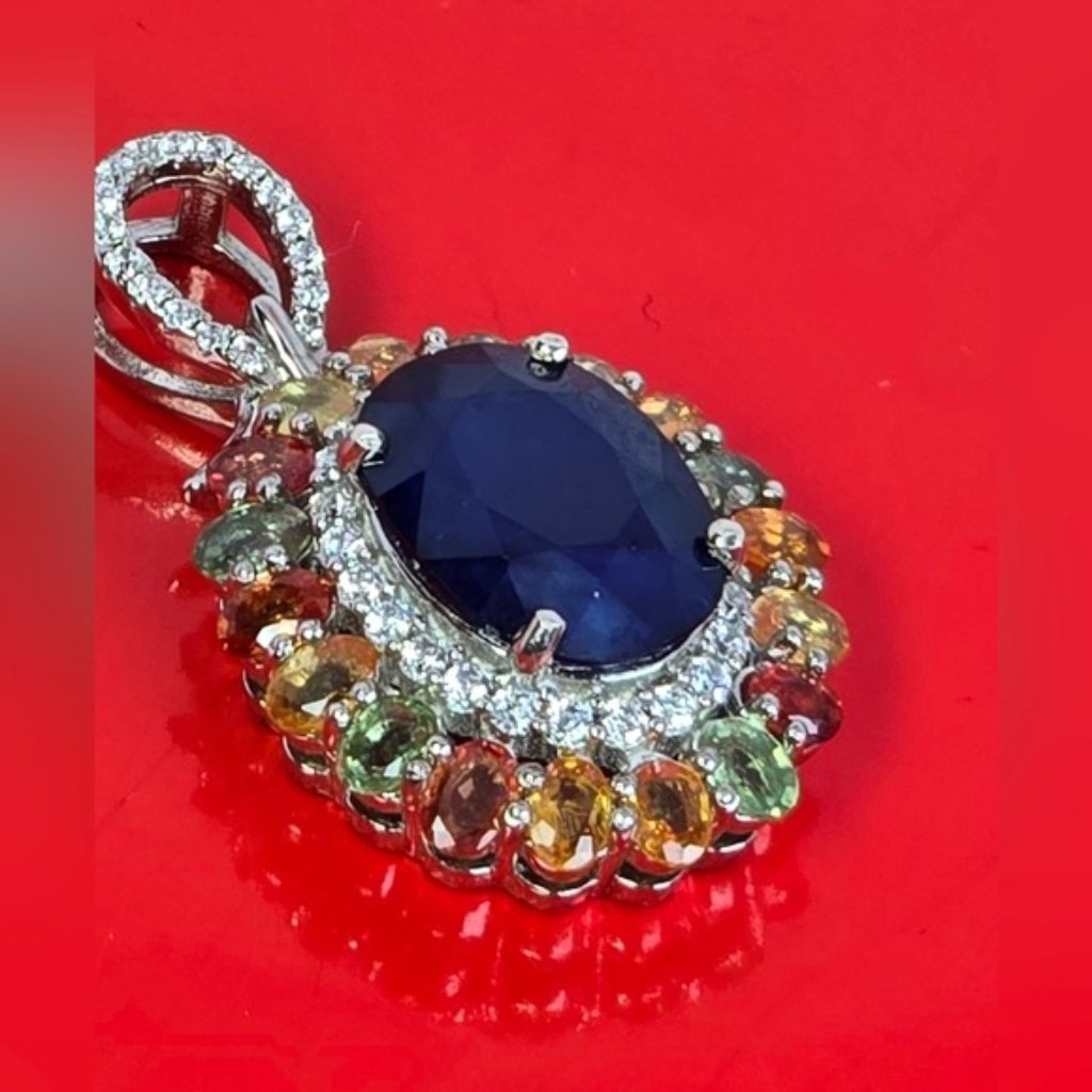925 Sterling Silver Large Pendant With Blue Sapphire & Multicolor Sapphire Gems